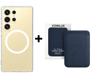 VOWLUX Compatible MagSafe Hoesje voor Samsung Galaxy S25 Ultra Transparant – Inclusief Blauw Wallet Pasjeshouder – 24 Magneten – Kunstleer – 3 Kaarten – Shockproof Case