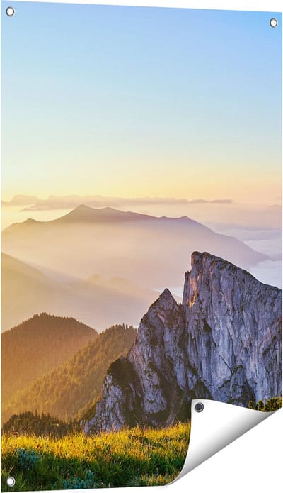 Gards Tuinposter Zonsopkomst in de Bergen in de Alpen - 60x90 cm - Tuindoek - Tuindecoratie - Wanddecoratie buiten - Tuinschilderij