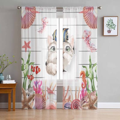 Kat Oceaan Kwallen Koraal Zeesterren Doorzichtige Gordijnen voor Woonkamer Decoratie Raambekleding Keuken Tule Voile Gordijnen W135 x H115cm x1 white
