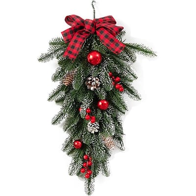 Guirlandes de Noël en forme de larme, aiguilles de pin de Noël avec nœud à carreaux, baies rouges et porte pomme de pin black