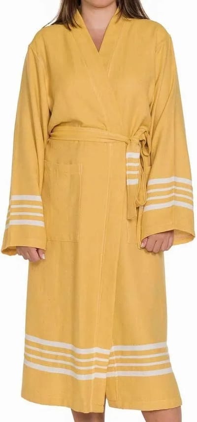 Lalay - hamam badjas Krem Sultan - mustard yellow - XL - dames heren badjas - sauna badjas - dunne badjas - 100% gekamd katoen