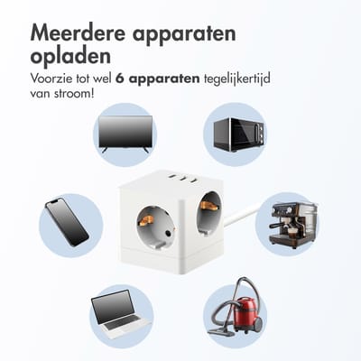 Accezz Stekkerdoos met USB A en USB C Poorten - 3 Stopcontacten - 1,8 meter Verlengsnoer - 4000W Snellader -Verdeelstekker - Wit