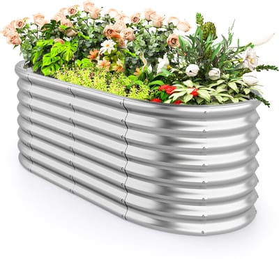 COSTWAY Plantenbak van metaal, ovaal, plantenbak voor tuin, 165 x 80 x 60 cm, broeibed met open bodem, golfplaat, weerbestendig, plantenbak voor groenten, bloemen, kruiden (zilver)