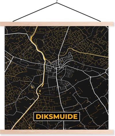 Posterhanger incl. Poster 40x40 cm - Schoolplaat - Stadskaart - Black en gold - Diksmuide - Plattegrond - Kaart - Textielposter - Blanke latten - Stadskaart