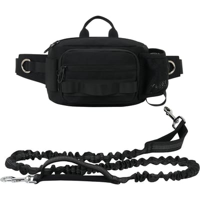 Laisse pour chien mains libres rétractable avec élastique et sac de ceinture pour l'entraînement et la promenade du chien noir