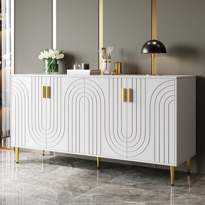 PHOEBE CAT Dressoir - 152 x 40 x 75 cm - Golvend patroon - Gouden handgrepen - Wit