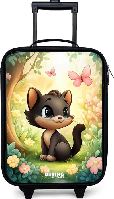 NoBoringSuitcases.com® - Kinderkoffer jongen - Kindertrolley meisje - Kat - Vlinder - Bloemen - Koffer kind lichtgewicht - Reiskoffer trolley voor kinderen - Koffertje met lichtgevende wieltjes - Rolkoffer zwart