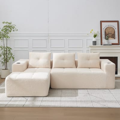 Wishdor Hoekbank - Diepe Zitting En Bekerhouders - Minimalistisch Ontwerp - Voor Woonkamer - Polyester Bekleding - Beige - 258 Cm