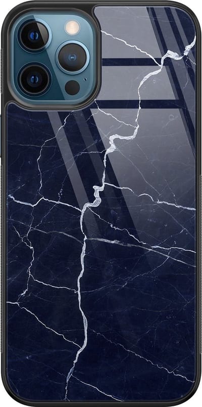 Hoesje geschikt voor iPhone 12 - Marmer Navy - Luxe Glazen Hardcase - Marmer - Blauw - Leuke Telefoonhoesjes