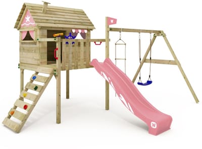 Wickey Smart Travel Speeltoestel - Schommel en Touwladder met Glijbaan - Speelhuis met Houten Dak - 473x377x268 cm - Pastelroze