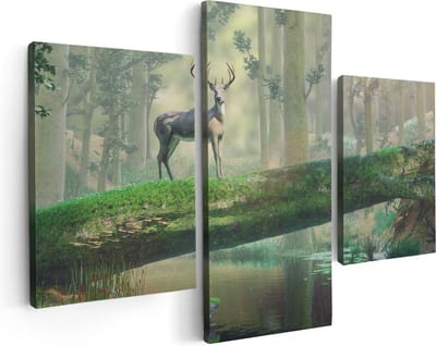 Artaza Canvas Schilderij Drieluik Hert In Het Bos Op Een Boom - 90x60 - Foto Op Canvas - Canvas Print