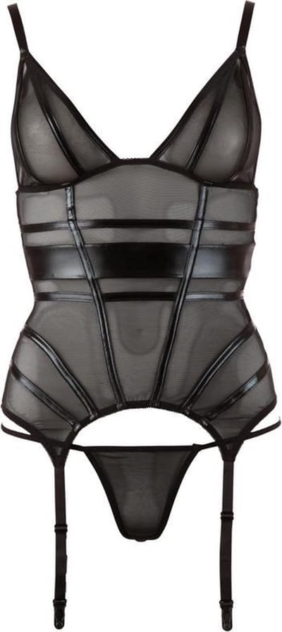 Cottelli Collection – Jarretel Jurk met Wetlook Banden en String voor Seksuele Spanning – Maat S – Zwart