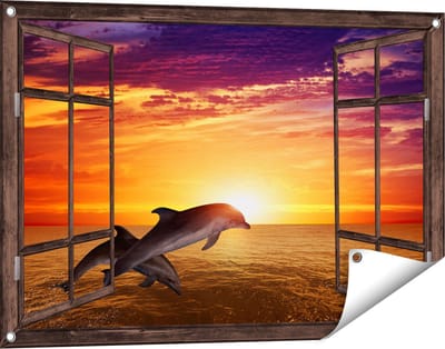Gards Tuinposter Doorkijk Twee Dolfijnen bij de Zonsondergang - 90x60 cm - Tuindoek - Tuindecoratie - Wanddecoratie buiten - Tuinschilderij