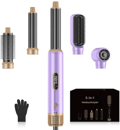 carmdering - Hairstyler - Krultang - Luchtkruller - 5-in-1, 3 temperaturen, negatieve ionen - Met 2 automatische krulkoppen (links/rechts), stijltang en borstels - Alleen 100-120V - Voor alle haartypes - Stijl haar, krullen en volume - Paars