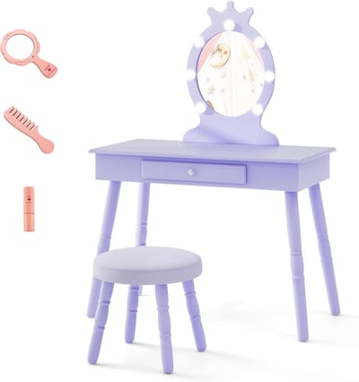 KOMFOTTEU Kinderdressingtafel voor meisjes met spiegel en kruk, LED-verlichting in 3 kleuren, make-uptafel met beautyaccessoires, 2-in-1 kinderbureau met opbergruimte, 3-8 jaar
