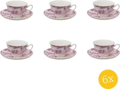 Clayre & Eef Kop en schotel set van 6 stuks schotel 250 ml Roze Porselein Servies