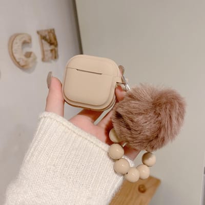 Voor Apple AirPods Pro 3 Hoesje Melkthee Karamel Zwart Kleur Voor AirPods 4 3 2 1 Pro2 Pro Hoofdtelefoon Shell Met Bontbal Kralenketting For AirPods 4