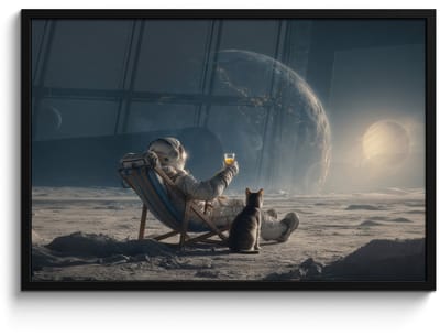 Poster in lijst - Fotolijst 90x60 cm - Posters - Maan - Kat - Astronaut - Ruimte - Posterlijst zwart - Decoratie - Wanddecoratie woonkamer - Muurdecoratie slaapkamer