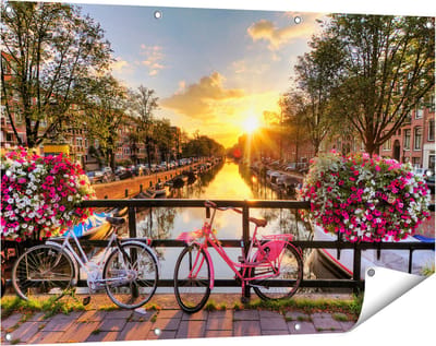 Gards Tuinposter Amsterdamse Brug met Zonsopgang - 120x80 cm - Tuindoek - Tuindecoratie - Wanddecoratie buiten - Tuinschilderij