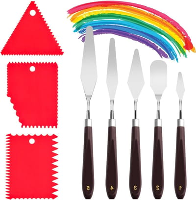 Set van 8 Acrylverf Paletmessen en Spatula's voor Schilderen, Inclusief 5 Stuks Verfmessen en 3 Lijmspatula's, Perfect voor Olieverf en Gouache Schilderijen