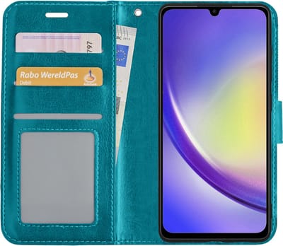 Hoesje - Met Pasjeshouder - Geschikt voor Samsung Galaxy A34 - Luxe Bookcase Portemonee - Flip Case - Kunstleer Book Case - Flipcase - Book Cover - Walletcase - Portemonneehoes - Turquoise
