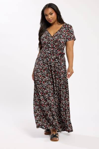 Yours Lange Wikkeljurk Met Bloemenmotief En Korte Mouwen In Zwart Size 48