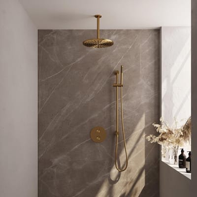 Brauer Gold Edition thermostatische inbouw regendouche 3-weg rond SET 90 met 30 cm douchekop en plafondarm en staaf handdouche en doucheslang en geïntegreerde glijstang goud geborsteld PVD