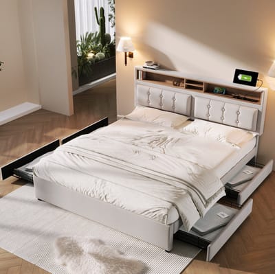 MEUNIQ tweepersoonsbed 140x200 met 4 lades, verstelbaar hoofdbord, USB-C en stopcontacten, houten lattenbodem, bedframe voor slaapkamer, beige