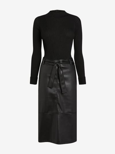 Next - Dames - Midi-jurk met imitatieleren mix en riem - Petite - Zwart