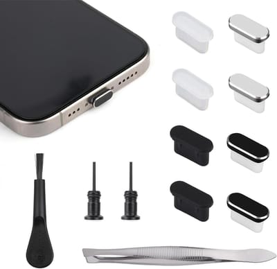 Ronte - USB C-stofpluggen, aluminium en siliconen poortafdekkingen met reinigingssets - Set van 8 stuks. Beschermt tegen stof, geschikt voor iPhone 15 16-Serie en alle Type C-apparaten.
