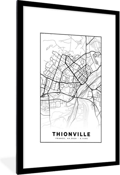 Fotolijst incl. Poster Zwart Wit- Frankrijk - Thionville - Plattegrond - Stadskaart - Kaart - Zwart wit - 60x90 cm - Posterlijst