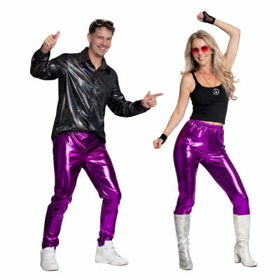 Partychimp Paarse Legging Broek Disco Broek Heren Disco Broek Dames Disco outfit Carnavalskleding Heren Carnavalskleding Dames Carnaval Foute Party Glanzende Legging Jaren 80 & 90 Kostuum Toppers 2026 - Polyester - Paars - Unisex - Maat S/M