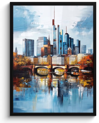 Poster in lijst - Fotolijst 50x70 cm - Posters - Bomen Frankfurt- Stad - Skyline - Brug - Posterlijst zwart - Decoratie - Wanddecoratie woonkamer - Muurdecoratie slaapkamer