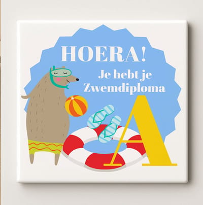 Hoera Zwemdiploma Tegel 15x15cm – Schattige Beer Ontwerp Keramische Tegel, Leuk Cadeau voor Kinderen met Hun Zwemdiploma
