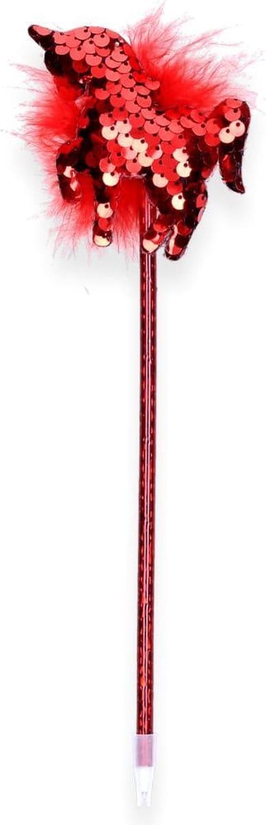Eenhoorn Balpen | Unicorn | Pailletten Pen met Fluffy Veren | Rood