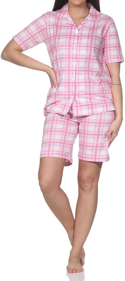 Normann dames pyjama shorty met korte mouwen en doorknoop in ruitlook - ook in grote maten