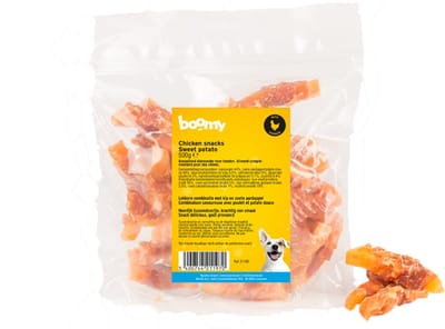 Boomy - Vetarme hondensnacks - Hondensnoepjes met kip & zoete aardappel - Knapperige stukjes van 7cm - Alle rassen - 500g