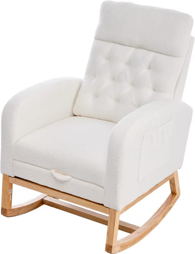 Witte Bouclé Schommelstoel - Voedingsstoel Voor Babykamer - Verstelbare Voetensteun - Zijzakken - 136 kg Draagvermogen - Woonkamer - 65,6x123x102cm - Wit