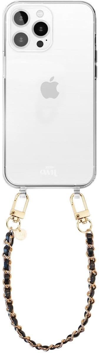 xoxo Wildhearts siliconen hoesje geschikt voor iPhone 11 Pro - Classic Chain - Black (kort koord) - Telefoonhoesje - Hoesje met koord - Schakelketting - Kort telefoonkoord - Zwart met goud - Transparant hoesje
