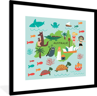 Wereldkaart Kinderen - Australië - Dieren - Schoolplaat - Kinderkamer - 40x40 cm