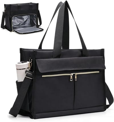 Lunchtas voor dames, 15,6 inch laptoptas, met geïsoleerd lunchvak, 2-in-1 zakelijke tas, met gekoeld vak, waterdichte werktas, geschikt voor op kantoor, op school en voor leraren. (Zwart)