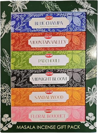 Hem Satya Goloka Masala Wierook Geschenkset cadeauset (6 x 20 stokjes) – Premium Blue Champa, Patchouli, Sandelhout, Midnight Bloom, Floral Bouquet, Mountain Valley met Kajal Sticker
