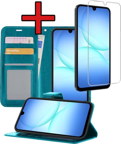 Hoesje - Met Screenprotector - Geschikt voor Samsung Galaxy A17 - Luxe Pasjeshouder - Flipcase - Bookcase Portemonee - Flip Case - Kunstleer Book Case - Book Cover - Walletcase - Portemonneehoes - Telefoonhoes - Turquoise