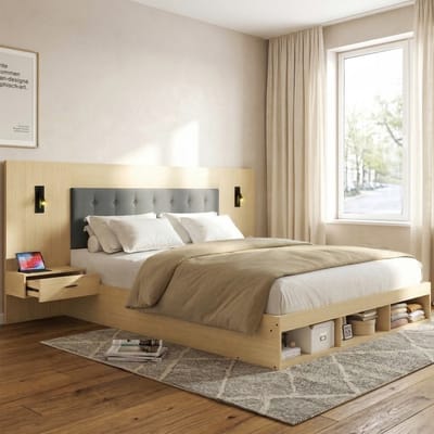 KOMHTOM - Tweepersoonsbed - 160x200 cm - opbergbed - houten bed - jeugdbed - met USB- en Type-C-oplaadstation - leeslamp - met 2 nachtkastjes - lichte eikenkleur