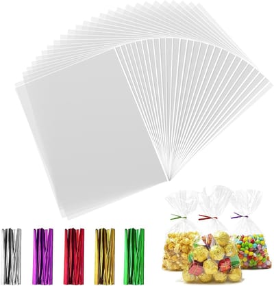 Heldere Cellofaanzakken 10 x 15 cm - 200 Stuks Transparante Snoepzakken met Kleurige Bindbanden voor Trouwen, Kerst en Verjaardagsfeestjes