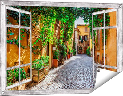 Gards Tuinposter Doorkijk Straatje in Rome met Groene Planten - 90x60 cm - Tuindoek - Tuindecoratie - Wanddecoratie buiten - Tuinschilderij