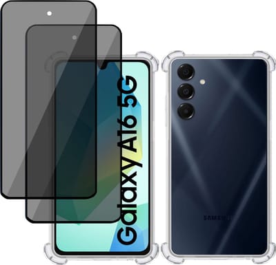 Hoesje + 2x Privé Screenprotector geschikt voor Samsung Galaxy A16 5G – Privacy Tempered Glass - Case Transparant