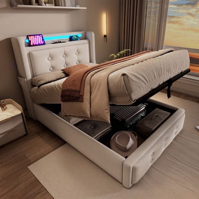 VVBV Gestoffeerd Opbergbed 90x200 cm - LED, USB-C, Hydraulische Opbergruimte, Lattenbodem, Metaalframe, Beige, Zonder Matras