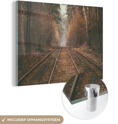 MuchoWow® Glasschilderij 120x90 cm - Schilderij acrylglas - Treinspoor - Pad - Bos - Boom - Foto op glas - Schilderijen