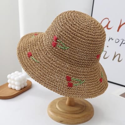 Nieuwe Kersen Decoratie Dames Zonnehoed Ademende Zonbescherming Strandhoed Opvouwbare Bucket Hat Zomer beige